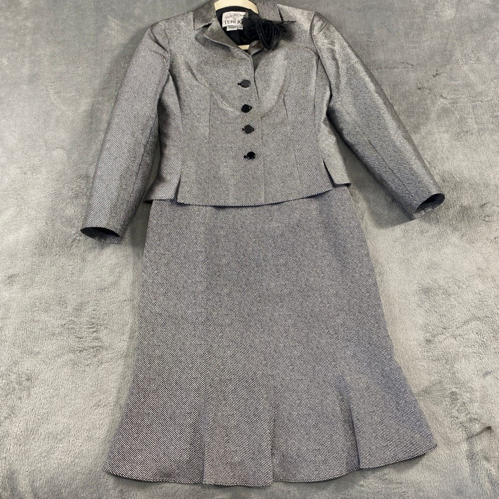 VTG Rickie Freeman for Teri Jon Dress Suit Womens 4 Silver Silk Blazer Dress Set